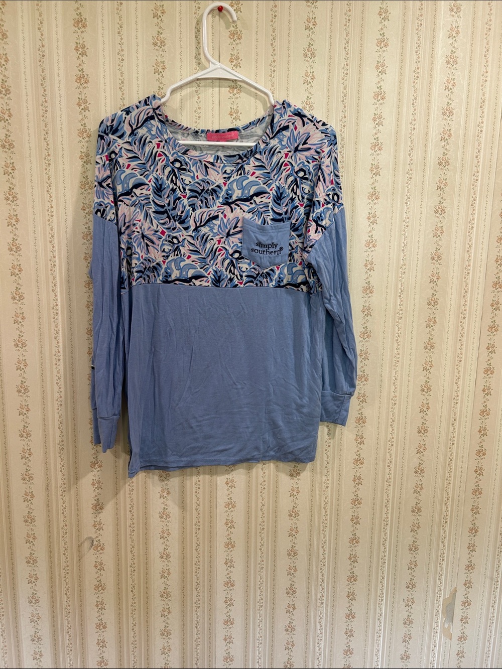 Simply Southern Light Blue Long Sleeve Top with Floral Yoke